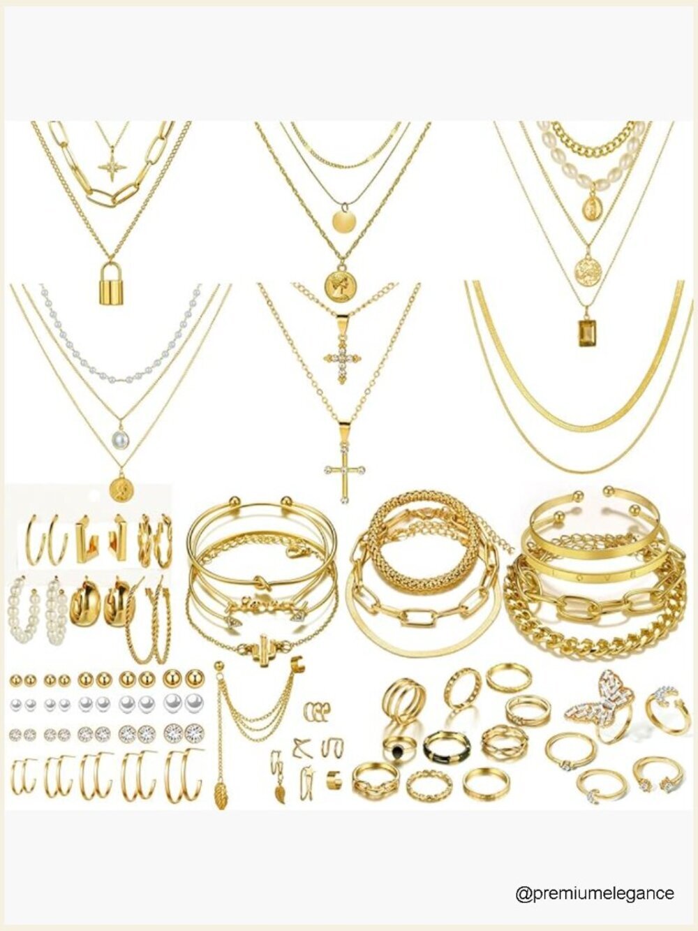 73 Piece Gold Plated Jewelry Set with Layered Necklaces, Rings, Earrings